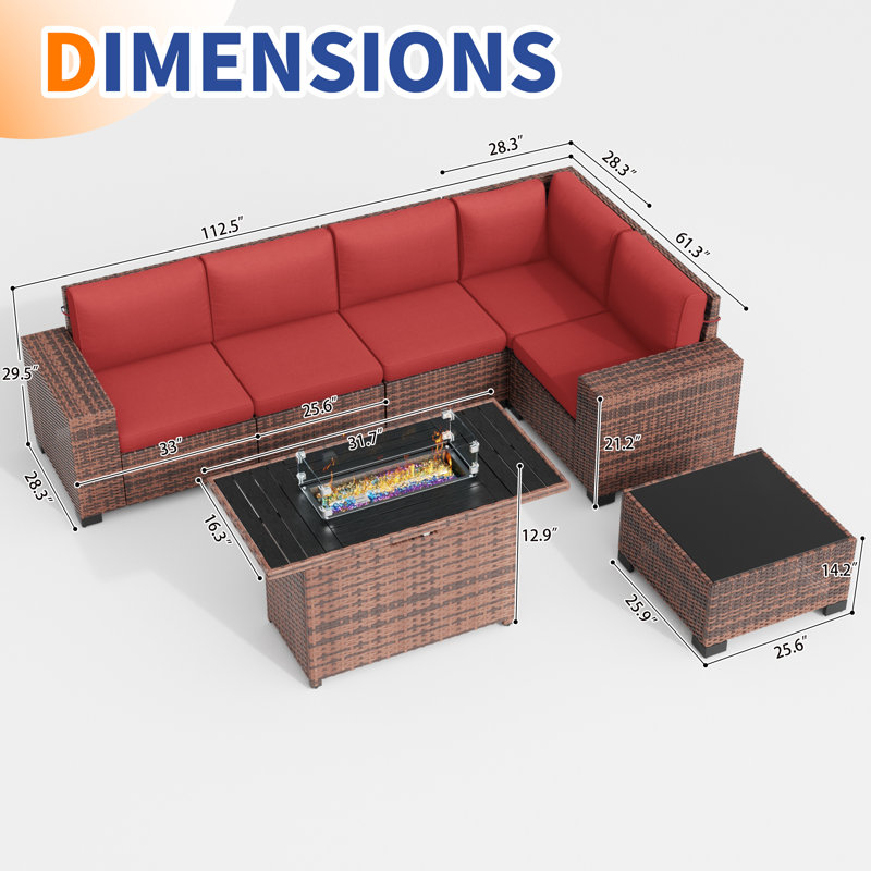 5 - Person Outdoor Rattan Sectional Seating Group with Fire Pit, Red Cushion/Brown Frame