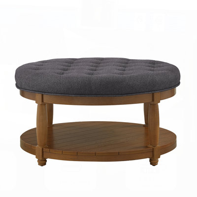 Large Round Upholstered Tufted Linen Ottoman Coffee Table with Solid Wood Shelf,  for Indoor and Outdoor Use