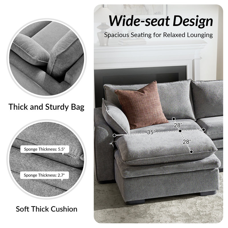 Wolff 3-Piece L-Shape Sectional Sofa with Double-Cushion, Gray