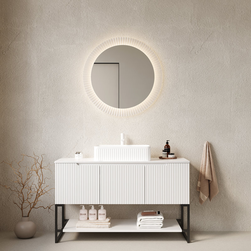 Meuble-lavabo 48 po avec lavabo vasque, armoire à 3 portes, tablette ouverte, lavabo rectangulaire en céramique blanche et comptoir en pierre frittée pour le rangement