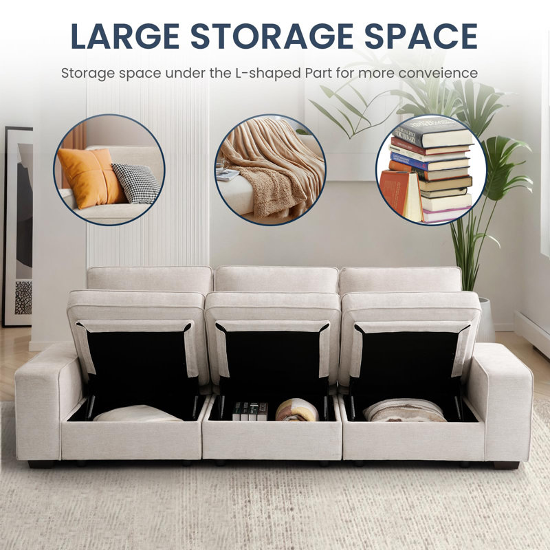Beige Chenille Fabric 100" Modular Sofa with Storage and Pillow Back