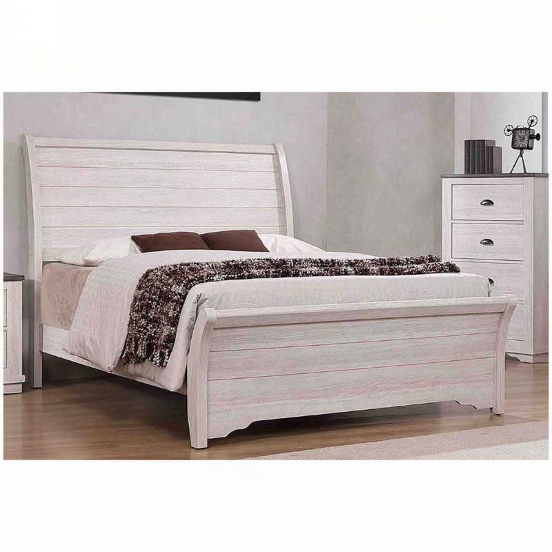 Lit plateforme Rustic Wood, Blanc cassé/gris