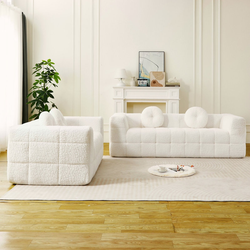 Canapé moderne sans os avec deux coussins décoratifs circulaires, tissu en polyester à poils longs texturé litchi doux pour la peau, canapé en mousse à carreaux