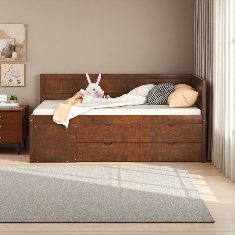 Lit de jour avec tiroirs et tablettes, Noyer, Lit simple