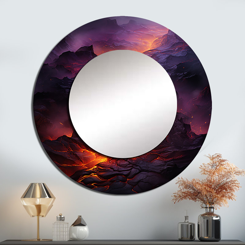 Volcano Volcanic Glow - miroir unique volcanique, grand miroir mural rond rouge, impression d'art en métal, 36 po x 36 po
