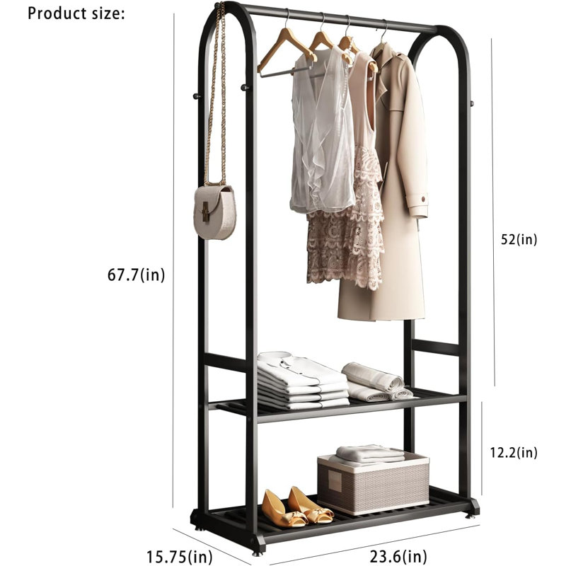 Black Heavy Duty Metal Garment Rack with Shelves and Hooks