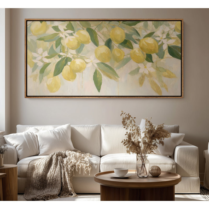 Art mural sur toile encadrée - Branche de citron frais avec des fleurs blanches dans un style botanique clair - 16 po x 24 po, 24 po x 36 po
