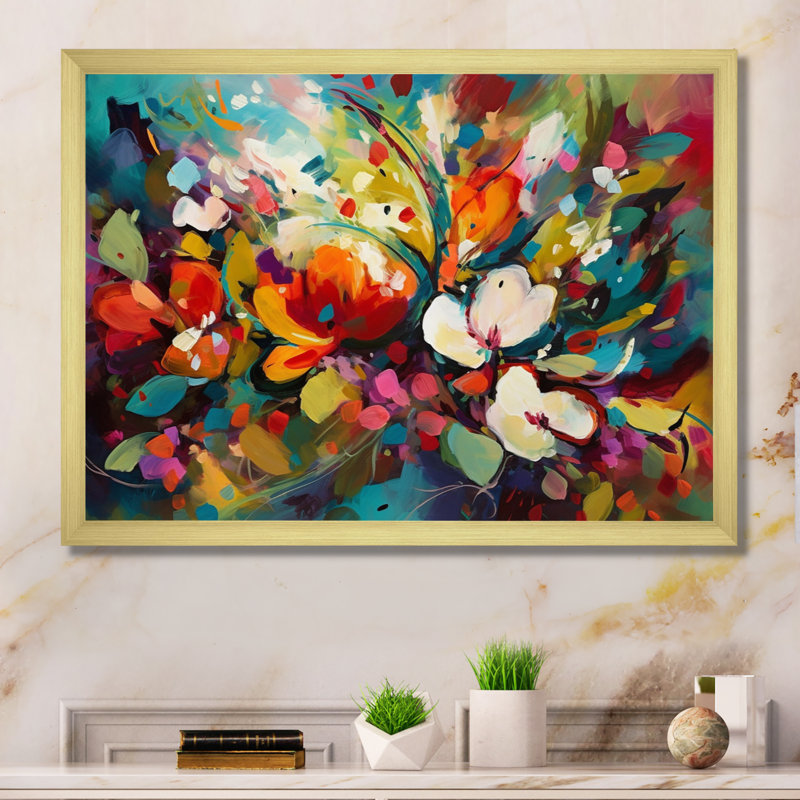 Rynette Red Vibrant Garden Symphony III - Art mural floral, Cadre doré, H 16 po x l 32 po x P 1 po
