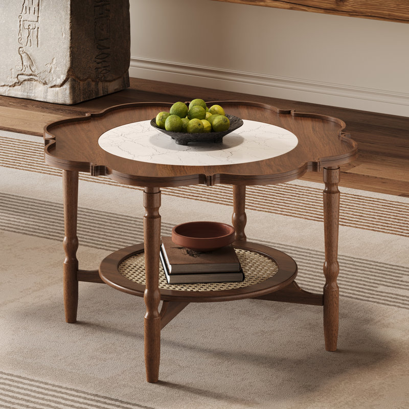 Table basse de style Mid-Century avec forme de pétale et verre à motif craquelé blanc, table basse à 2 niveaux avec rotin, noyer, 31,5 po (ancien numéro de référence: N735P291422D)