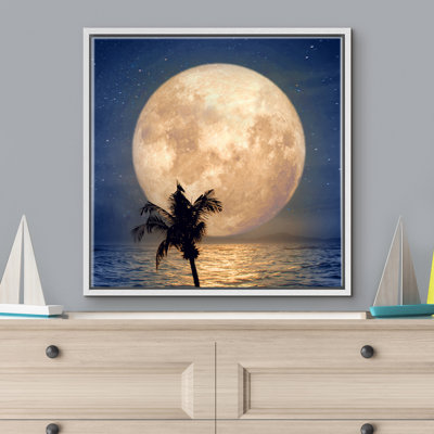 Art mural, impression sur toile encadrée jaune pleine lune avec palmier et mer, astronomie et espace, art numérique, art moderne, rustique, coloré pour le salon