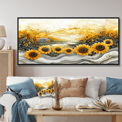 Paysage de tournesols sur un sommet d'une rivière en cristal - Art mural tournesols