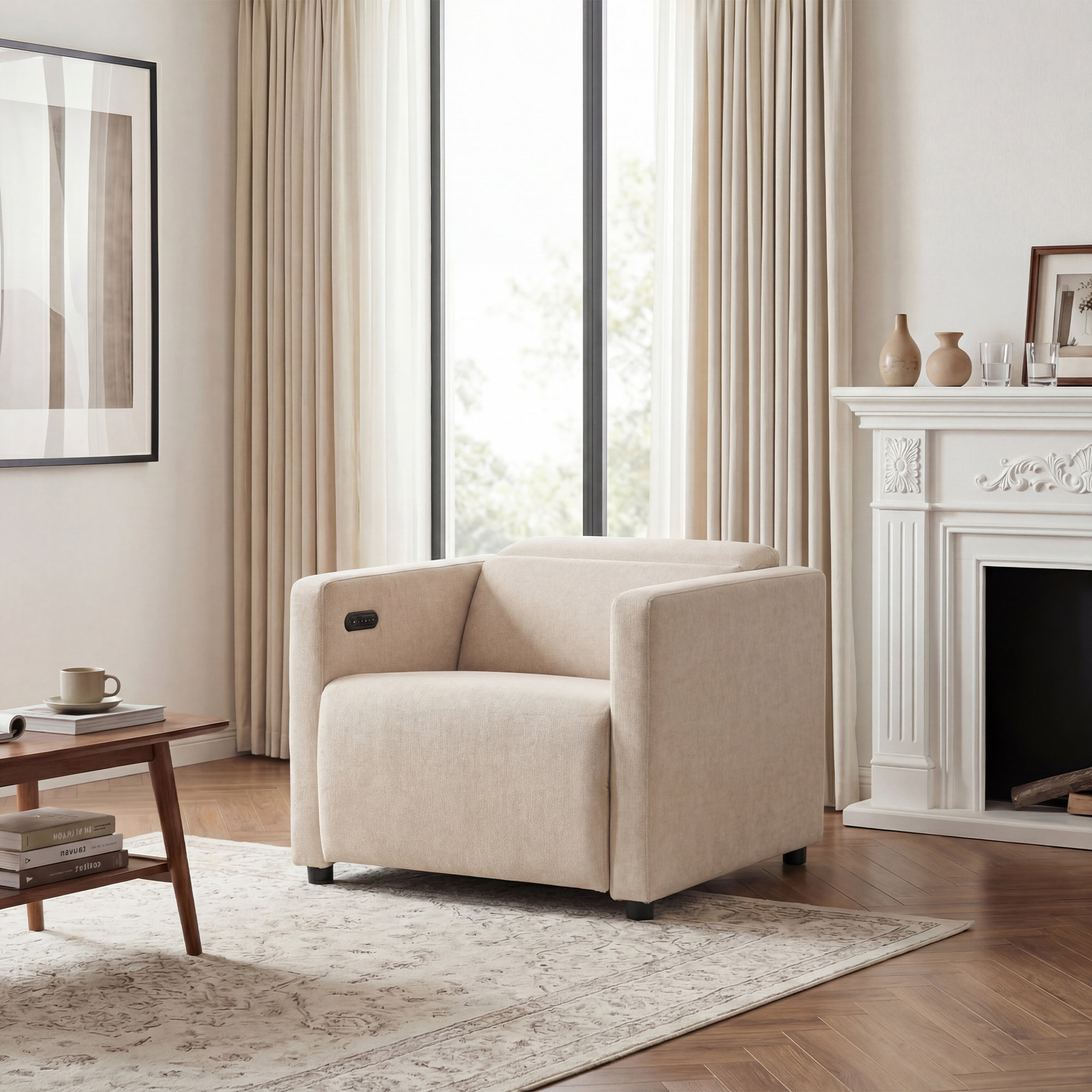 Klein Upholstered Power Recliner, Alabaster Cream Performance Chenille