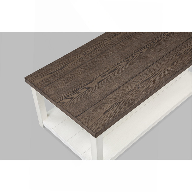 1 table de style campagnard brun avec base blanche et plateau rectangulaire avec roulettes