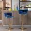 2 tabourets de bar, surface en velours bleu, pieds dorés, repose-pieds et base, hauteur réglable par outil de levage mécanique de 2 pieds avec instrument traversant