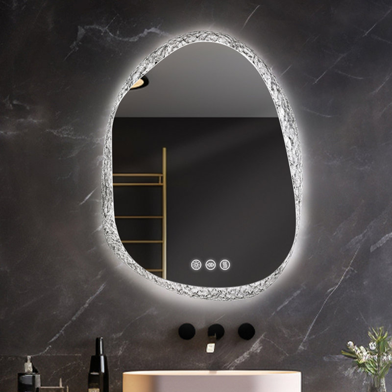 Stylish Stone Border Irregular Led Wall Mirror Bathroom Vanity Mirror With Blaklit 3 Color Temperature Lights Anit-fog Dimmable, 3 Touch Sensor Switch Plug In