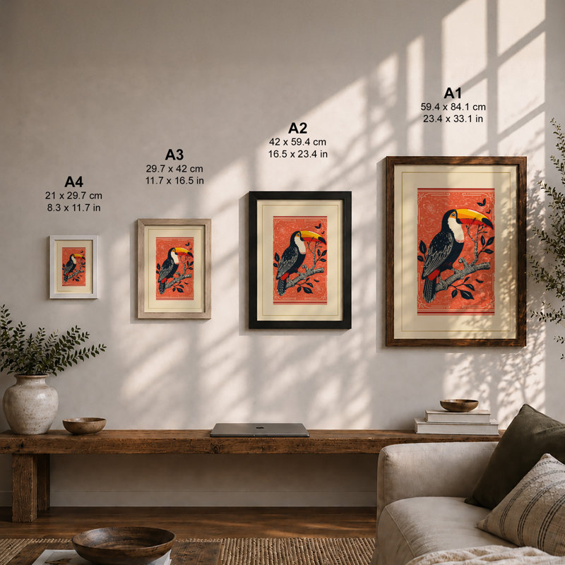 Toucan on Branch Boho - Framed Print, A2 - 59.4 x 42.0 cm, White
