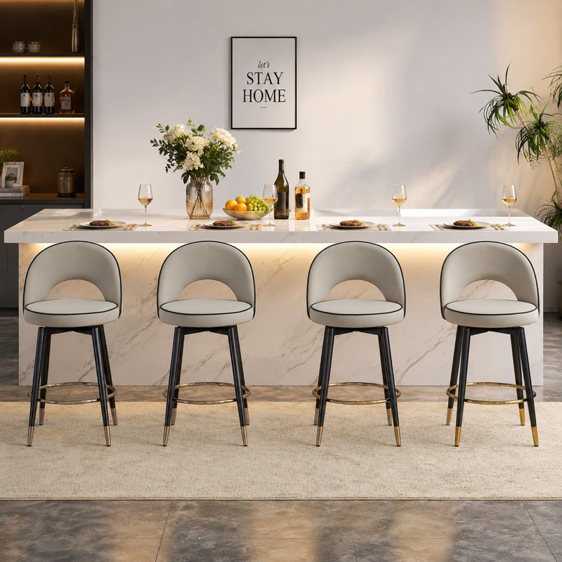 Tabourets de bar pivotants à 360° en cuir PU avec pieds et repose-pieds en métal noir, Gris
