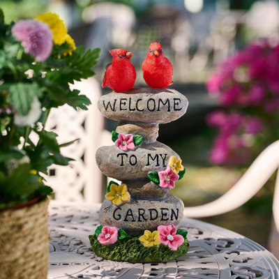 Statue de jardin 11 pouces avec cardinal solaire - panneau de bienvenue avec pierres et résine, cadeau de décoration pour la Saint-Valentin pour maman