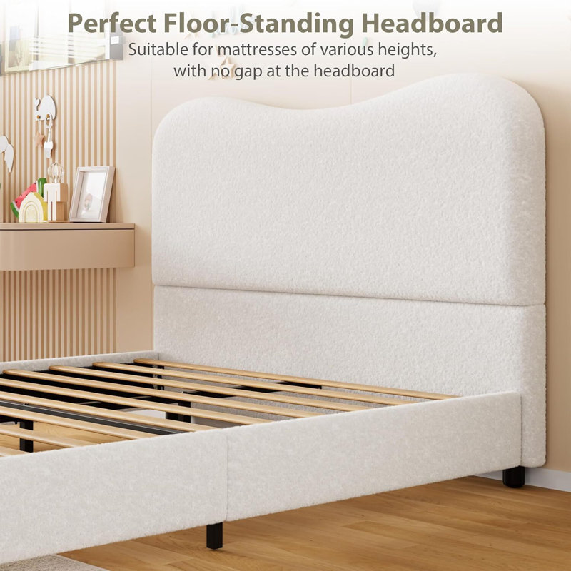 Low Profile Sturdy Platform Bed, With Velvet Upholstered Headboard, Strong Wooden Slats, Beige, Twin
