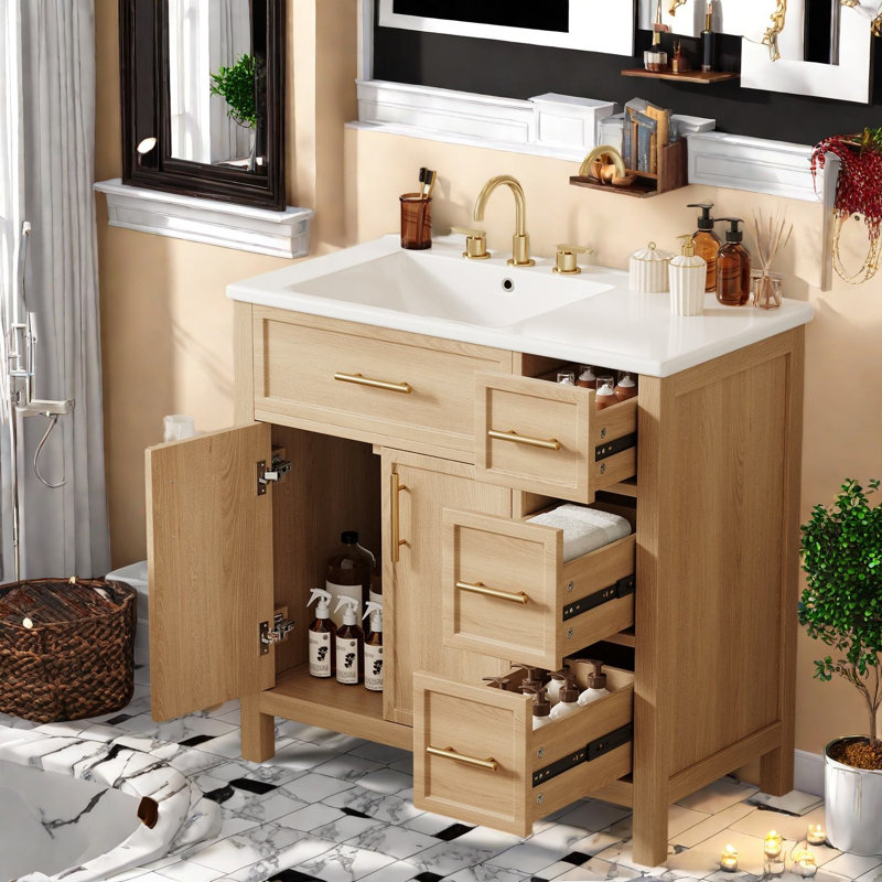 Meuble-lavabo moderne avec rangement, bois naturel de 36 pouces