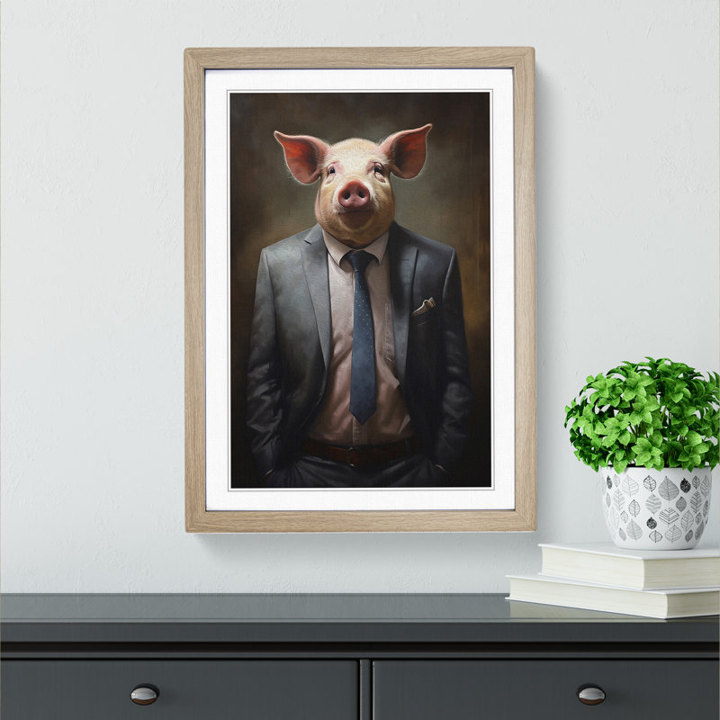 Pig In A Suit Painting - Single Picture Frame Print on Wood, 64cm H x 46cm W x 2cm D, Oak Framed