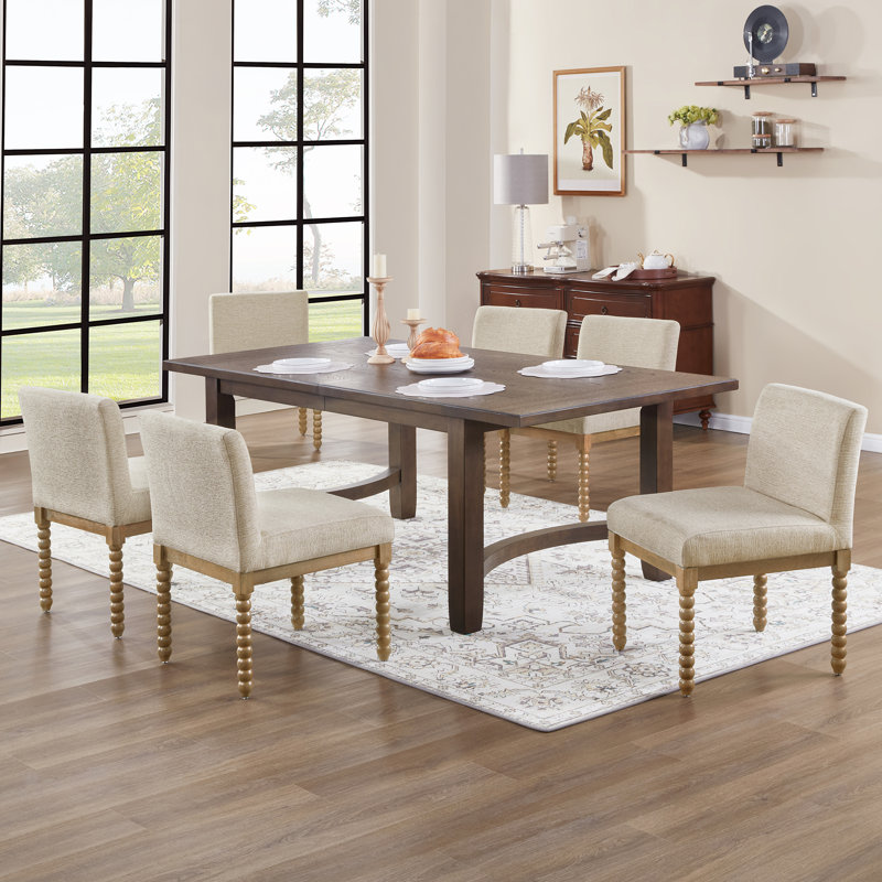 Upholstered Low Back Rubber Wood Bobbin Legs Dining Chair, 6, Walnut, Cream