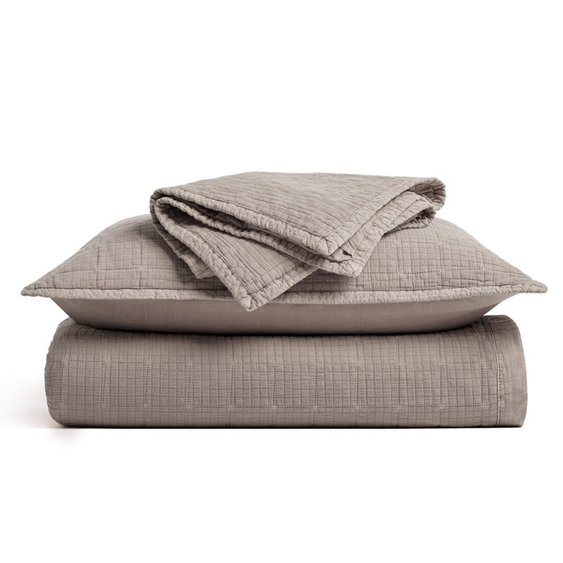 Stonewashed Crinkle Cotton Box Stitch Quilt Set, Queen Quilt + 2 Queen Shams, Truffle Taupe Brown