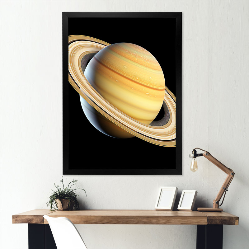 Beige et noir, planète Saturne, Cadre simple noir, H 32 po x l 24 po x P 1 po