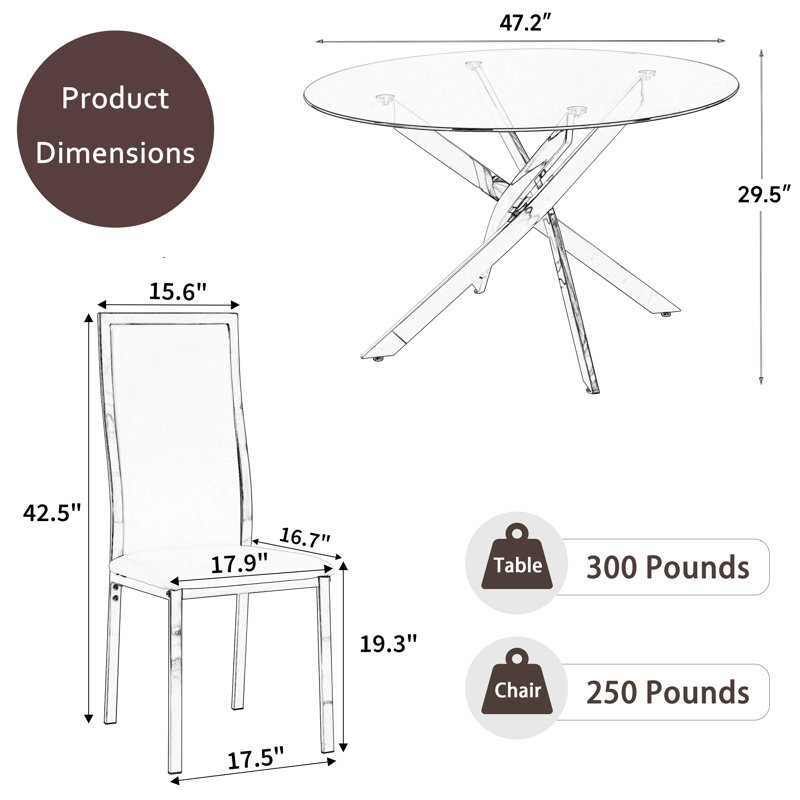 Ensemble de salle à manger 4 pièces, H 29,5 po x L 47 po x l 47 po, Blanc, Argent argent