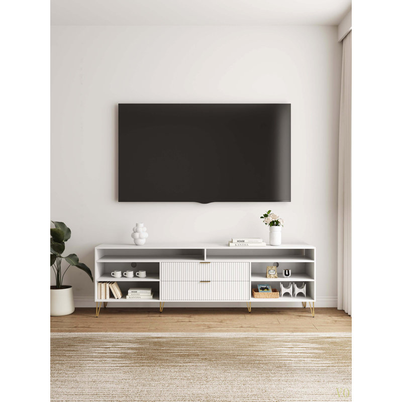 Meuble télé 85 po Dumbo, Blanc / Doré, H 26,77 po x L 85 po x l 17,99 po