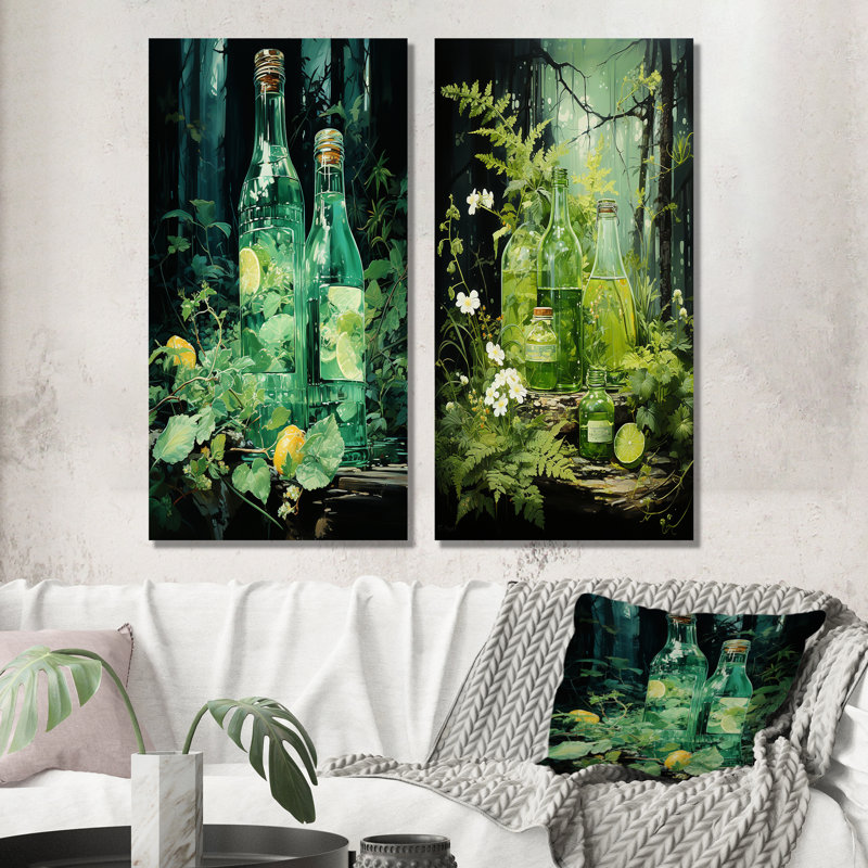 «Green Bottled Melody», ensemble d'art mural sur toile, Toile tendue, H 40 po x l 41 po
