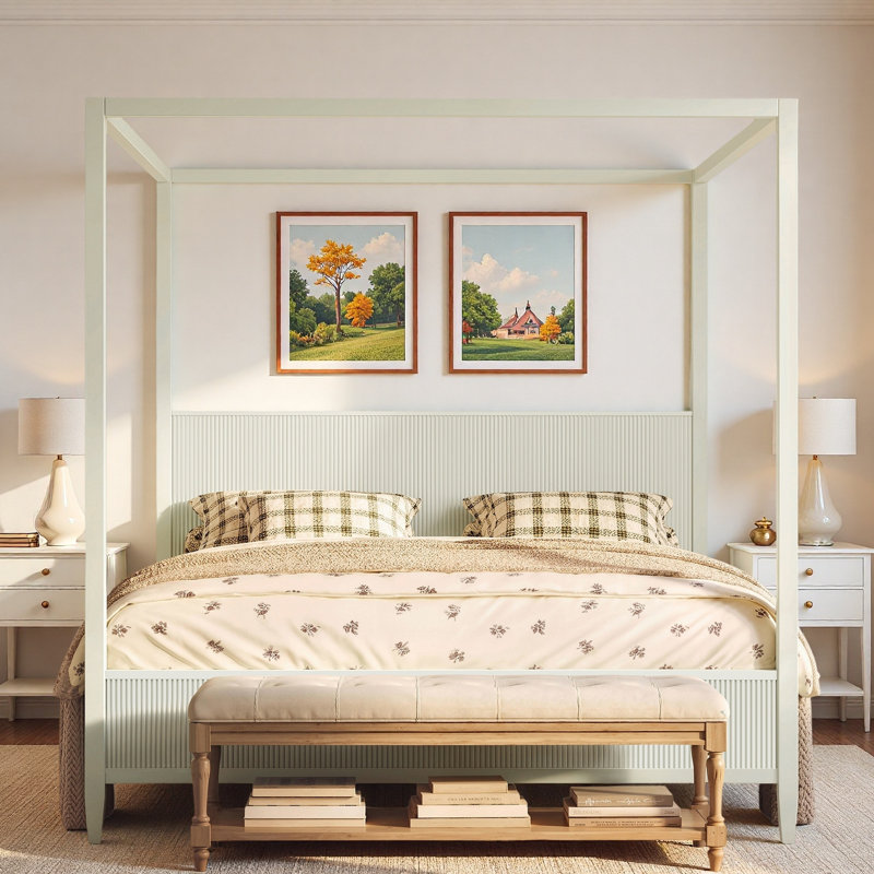 Wooden Canopy Platform Bed With Fluted Panel And Sturdy Legs, Beige, King