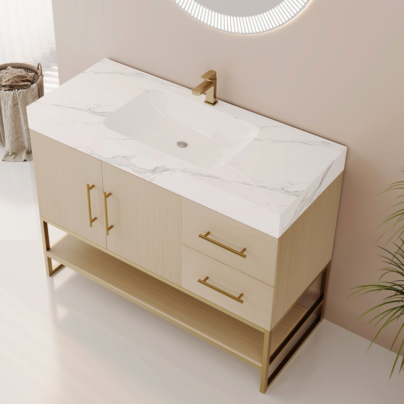 Meuble-lavabo moderne de 36 po avec décor doré et lavabo en céramique intégré, tiroirs supérieurs complets, capacité de soutien élevée