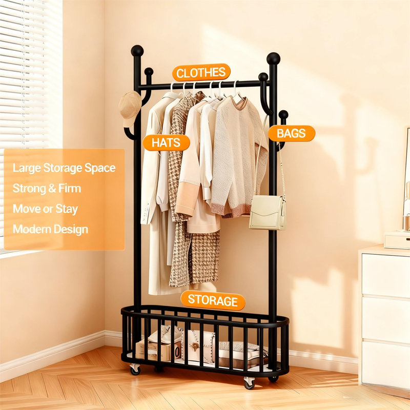 Portemanteau roulant sur roulettes verrouillable à 360 °, portemanteau autoportant avec panier de rangement inférieur, support à vêtements en métal pour vestibule de salon de chambre à coucher, 100 cm
