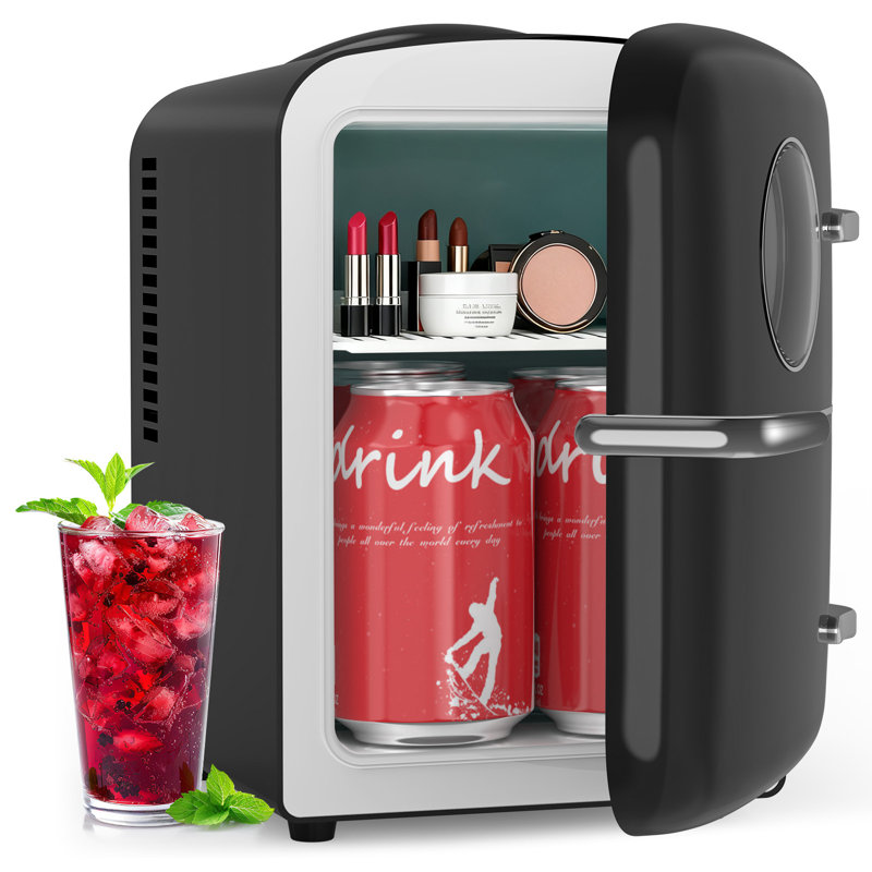 4L Skincare Mini Fridge - Cooler & Warmer, 6-Can Capacity, Round View Window + Removable Shelf, For Dorm/Bedroom, Black