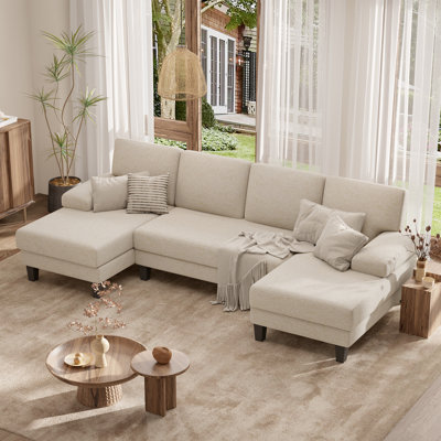 Canapé modulaire en U de 110 po avec accoudoirs, assise en bois, structure en métal et revêtement, conception moderne et confortable pour le salon ou le salon familial