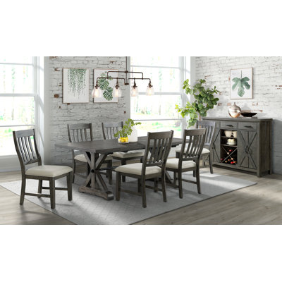 Ensemble repas 8 pièces Sunset Trading Trestle | Table à rallonge 96 "rectangulaire | Serveur avec support à vin pour 20 bouteilles | Bois gris vieilli | 6 chaises rembourrées | 8 sièges