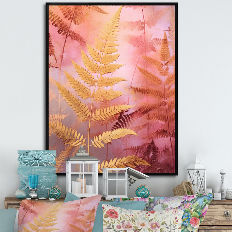 Fond de fougère dorée et rose sur toile, H 20 po x l 12 po, Cadre flottant noir