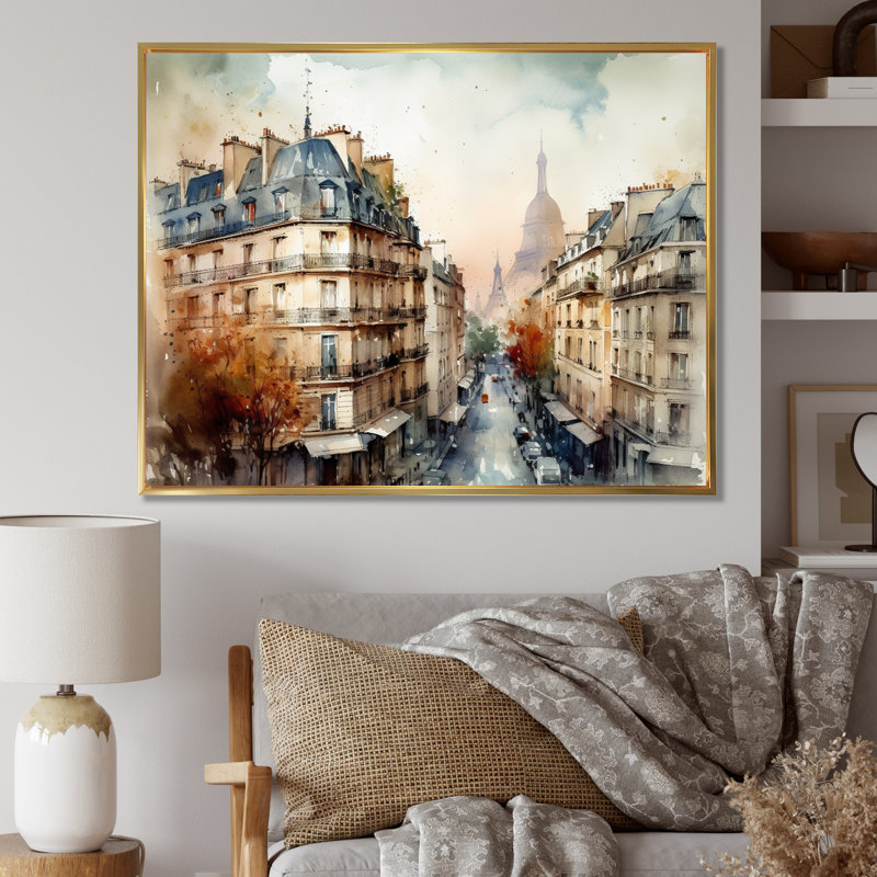 Aquarelle de Paris, France I sur impression sur toile, H 16 po x l 32 po x P 1 po, Cadre flottant blanc