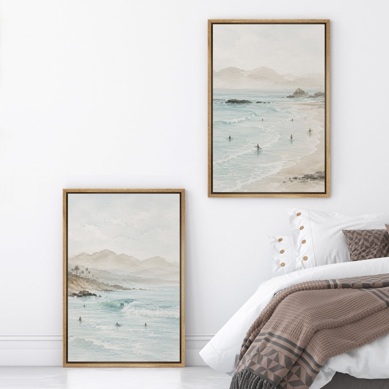"Minimal Coastal Ocean Wave", ensemble de 2 reproductions d'art sur toile encadrées, 36" H x 24" W x 1.5" D, Natural