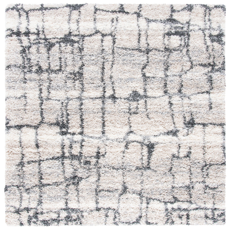 Tapis ivoire / gris à poils longs Hartselle 851, Carré 8 pi