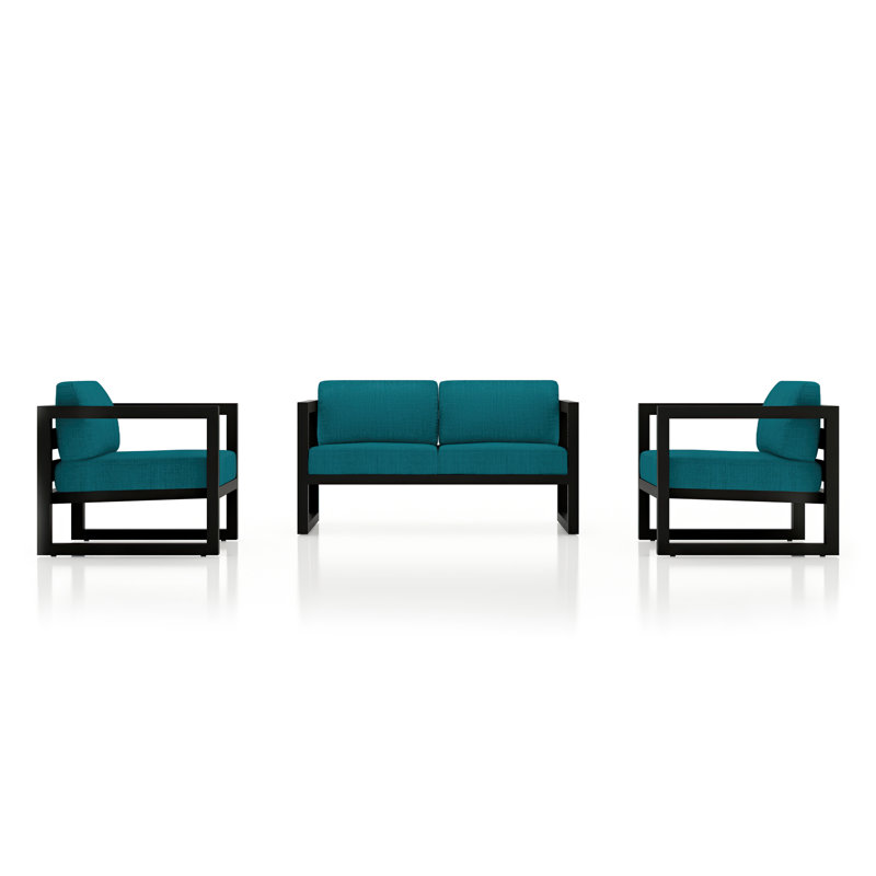 Avion 3 Piece Loveseat Set, Spectrum Peacock Sunbrella® Plainweave, Black