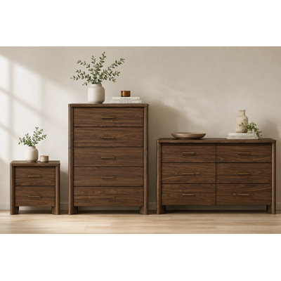 Ensemble de chambre à coucher 3 pièces en noyer moderne Mid-Century avec table de chevet USB, commode à 6 tiroirs et commode à 5 tiroirs, structure en bois massif, poignées dorées