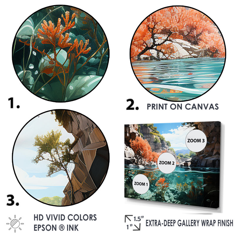 Corail et anémone «I» sur toile, Cadre doré simple, H 16 po x l 32 po x P 1 po
