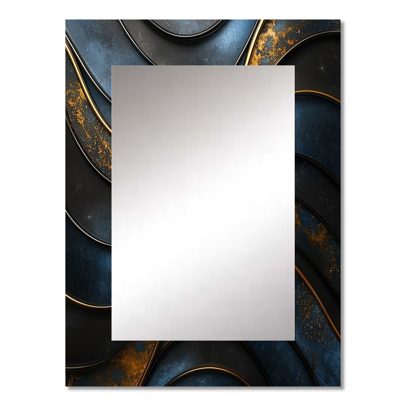 Fractal Aqua Drift Of Marble II - Transitional Decorative Wall Mirror, Gold Large Mirror, Printed Metal Art, 32" x 24"