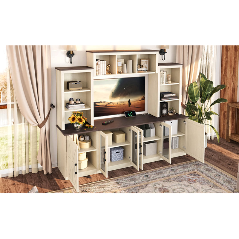 Wall Unit Entertainment Center With Charging Station And Usb Charging, Beige