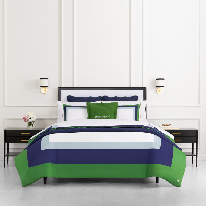 kate spade new york Color Block Full/Queen Comforter Set, 300 Thread Count and 100% Cotton Cover, All Season 3 Piece Reversible Bedding Set, Machine Washable, Navy, Green and White 