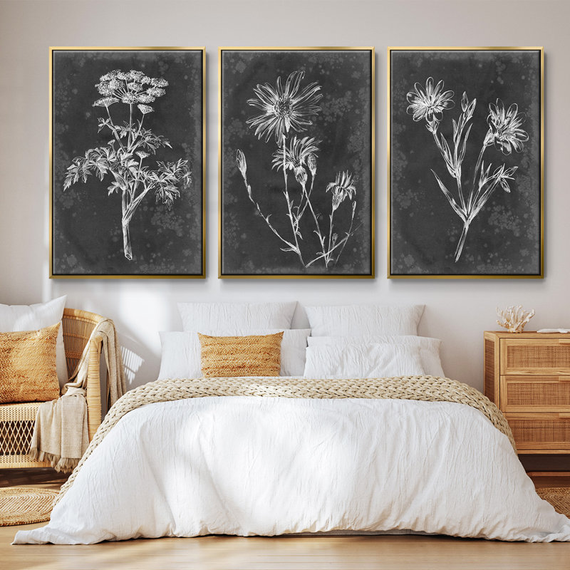 Slate Floral II, ensemble de 3 toiles encadrées sur toile, H 40 po x l 78 po, Or