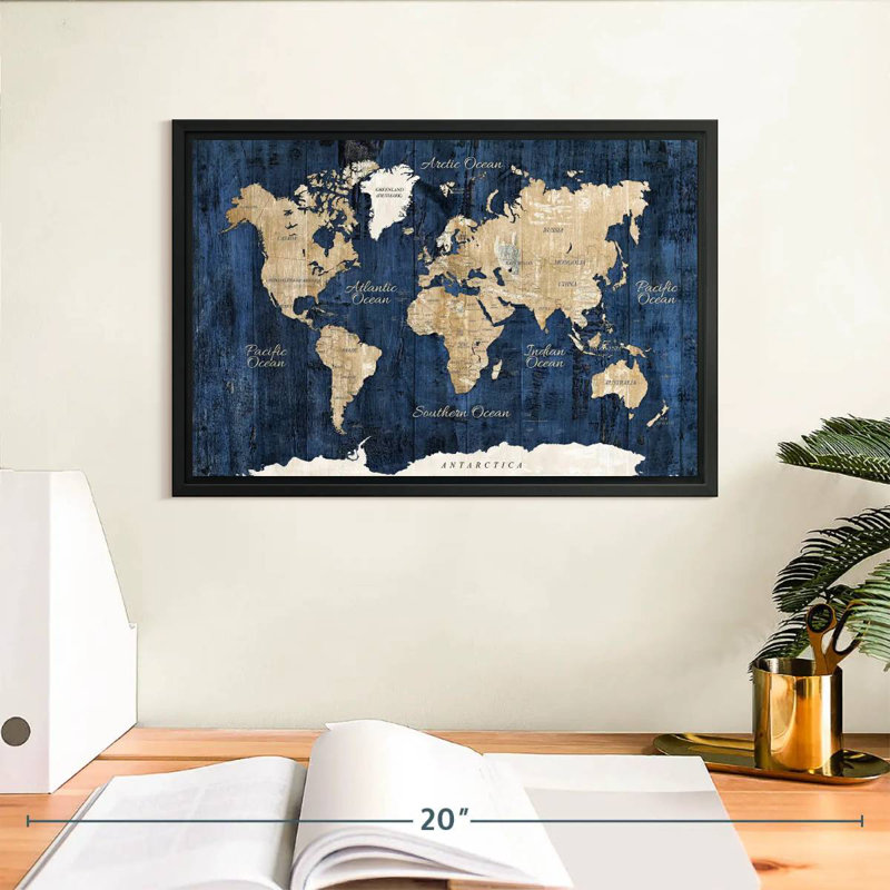 Carte du monde en bois texturé, 13 po x 9 po, Cadre flottant noir