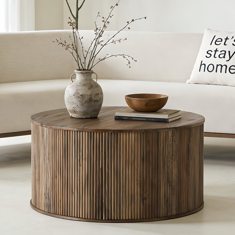 31.5" Solid Wood Round Coffee Table With Drum Base, Modern Farmhouse Center Table with Fluted Design